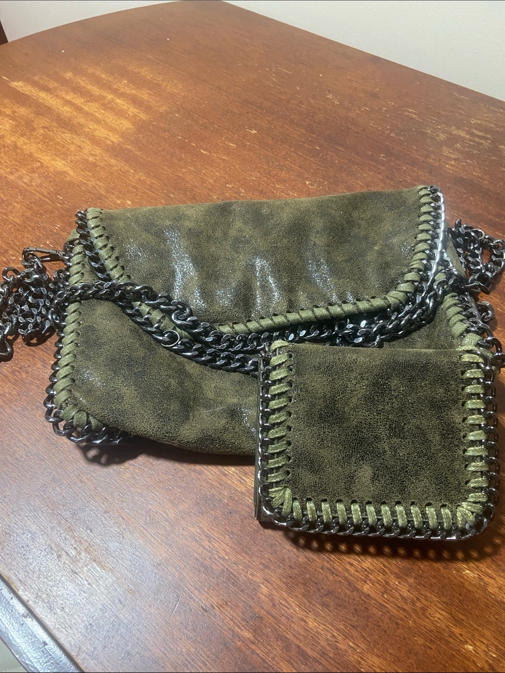 Olive Green Suede Crossbody Bag with Chain Strap